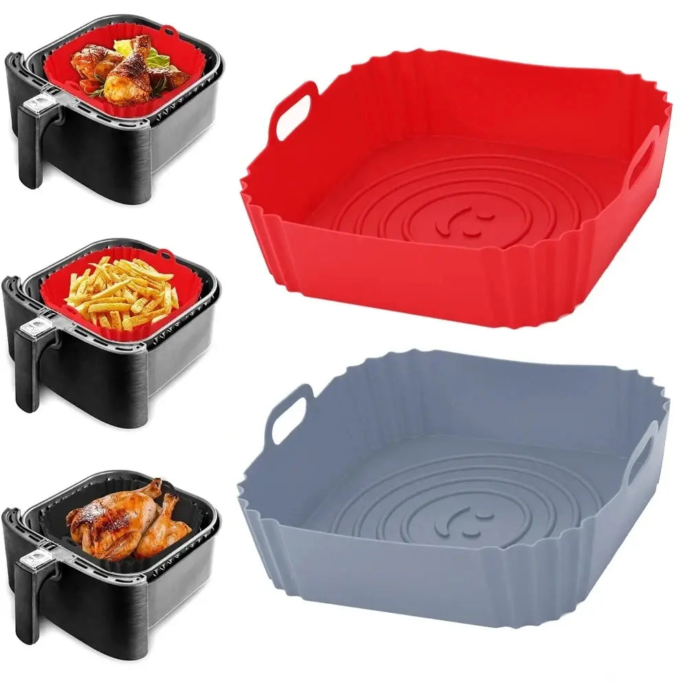 Set of three reusable silicone air fryer liner baskets in black and red, including a large red and gray baking dish.