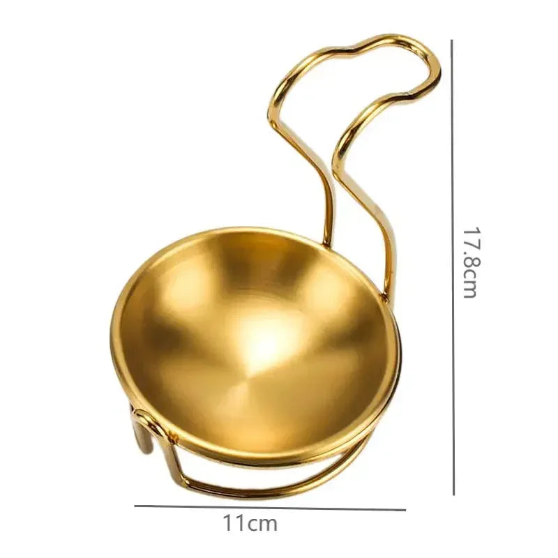 A golden stainless steel hot pot colander with a handle, shown against a white background.