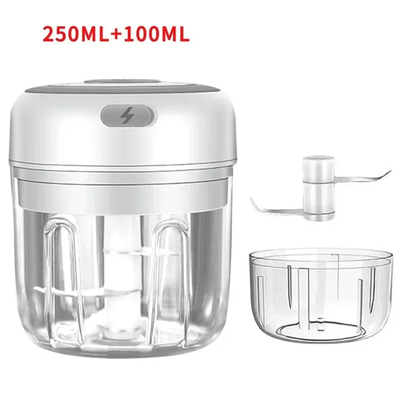 A clear plastic portable electric mini food chopper and grinder with a lid, blade attachments, and a bowl.