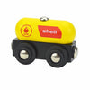 Yellow and red wooden magnetic train car set with a shell design