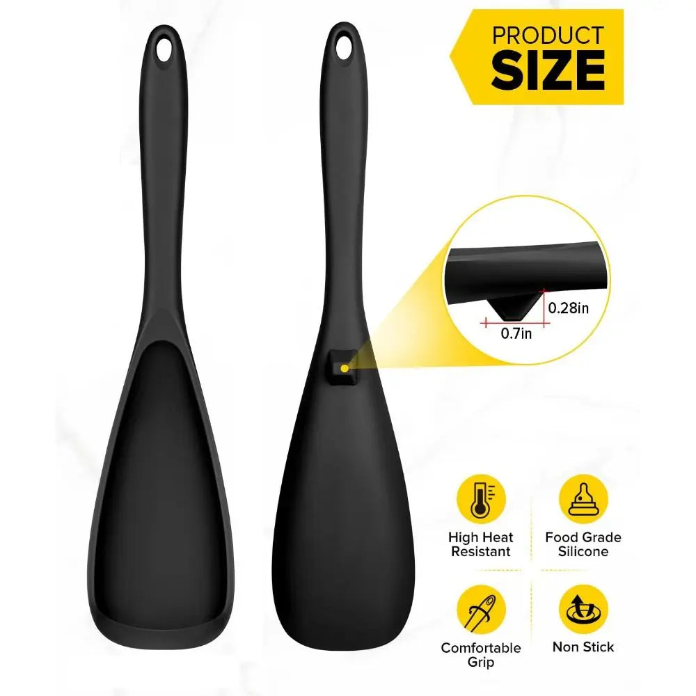 A black silicone mixing spoon with a tapered design shown next to a size diagram.