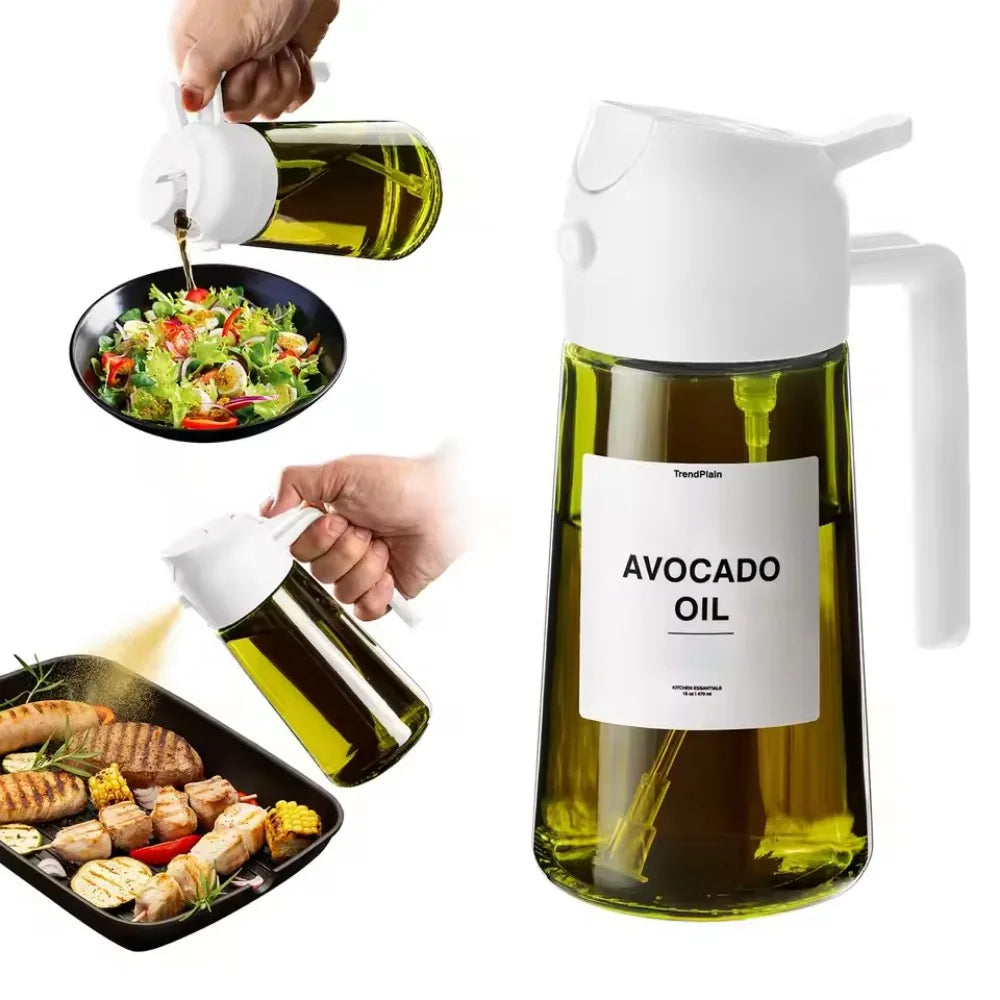 A glass oil dispenser is shown with avocado oil being poured into a small bowl and a glass bottle.