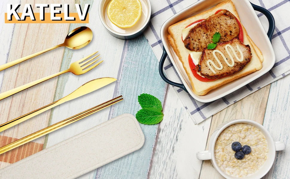 A premium stainless steel cutlery set with a fork, spoon, and knife placed next to a plate of toast and porridge.