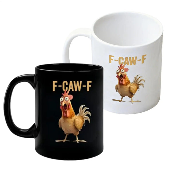 A black ceramic mug featuring a cartoon chicken design with the text F-CAW-F.