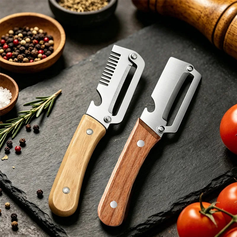 A stainless steel vegetable peeler with a wooden handle resting on a dark slate surface.