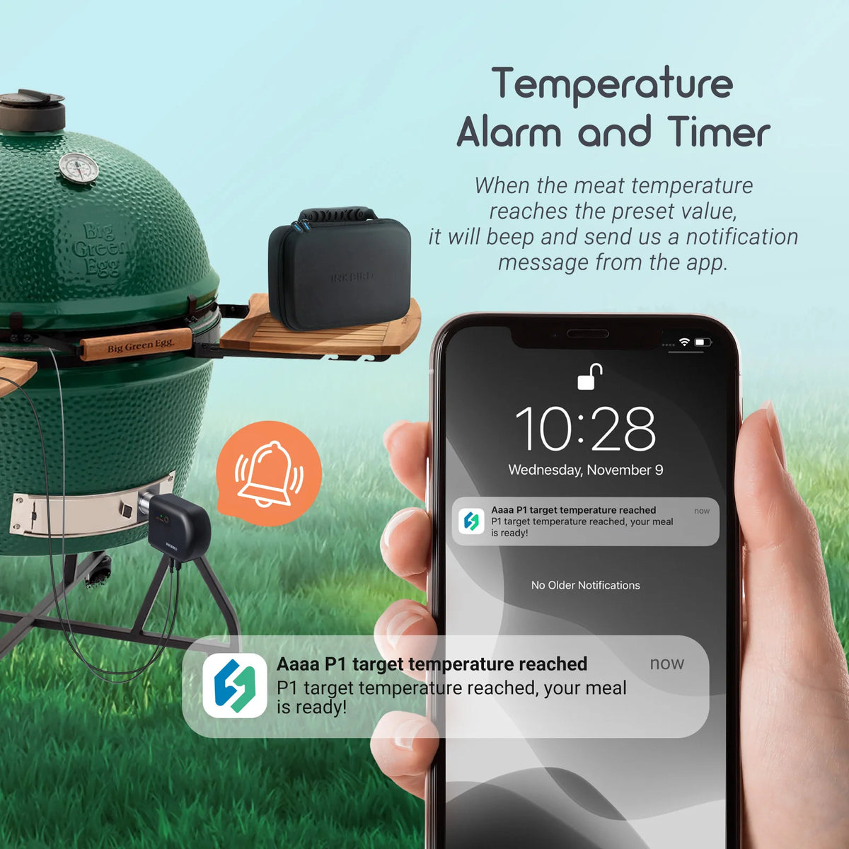 A digital temperature alarm and timer feature on a smartphone screen next to a green grill.