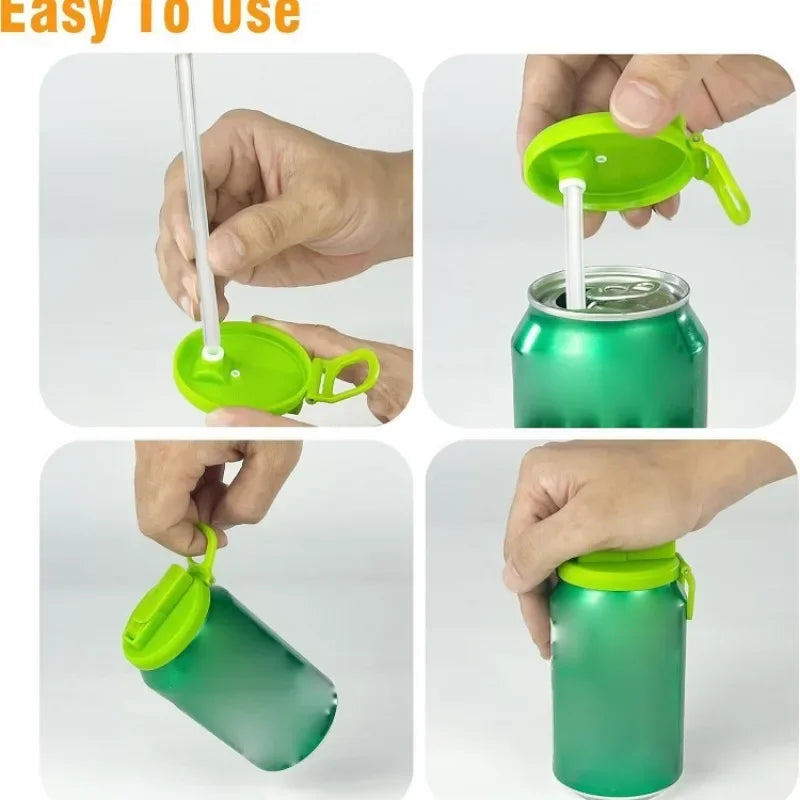 Hands demonstrate the easy use of reusable silicone can lids with straws on various metal and plastic containers.