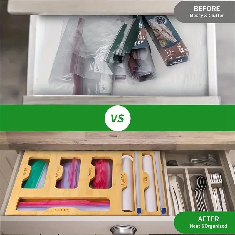 Before and after comparison showing a messy plastic wrap storage drawer versus a neat organized bamboo dispenser.