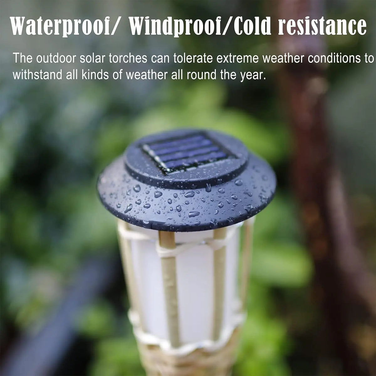 Outdoor solar torch light with a glass lens and solar panel mounted on a wooden post.