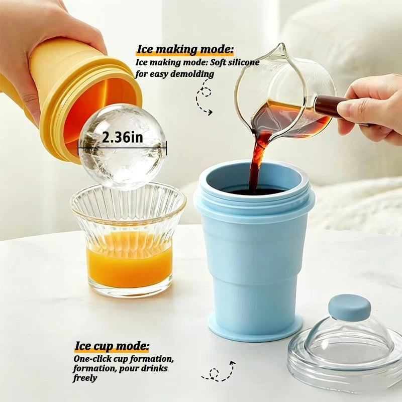 A hand is shown using a reusable silicone ice ball cup to make ice, demonstrating the ice making and pouring modes.