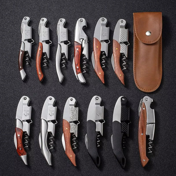 A set of double-hinged waiter's corkscrews with foil cutters in silver and dark wood handles.