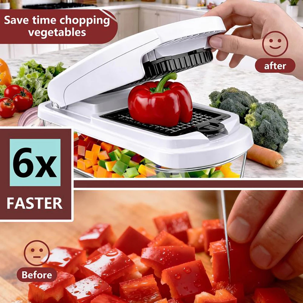 A hand is using a white 15-in-1 multifunctional vegetable chopper to quickly chop vegetables like bell peppers and carrots.