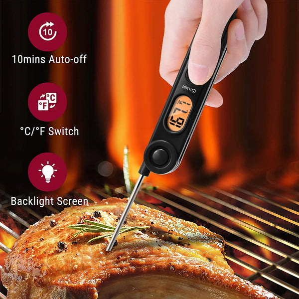 A hand holds a digital meat thermometer with a folding probe measuring a roast on a grill.