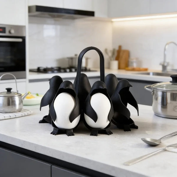 Ein schwarz-weißes Pinguin-Eierkochgerät steht auf der Küchenzeile neben verschiedenen Utensilien.