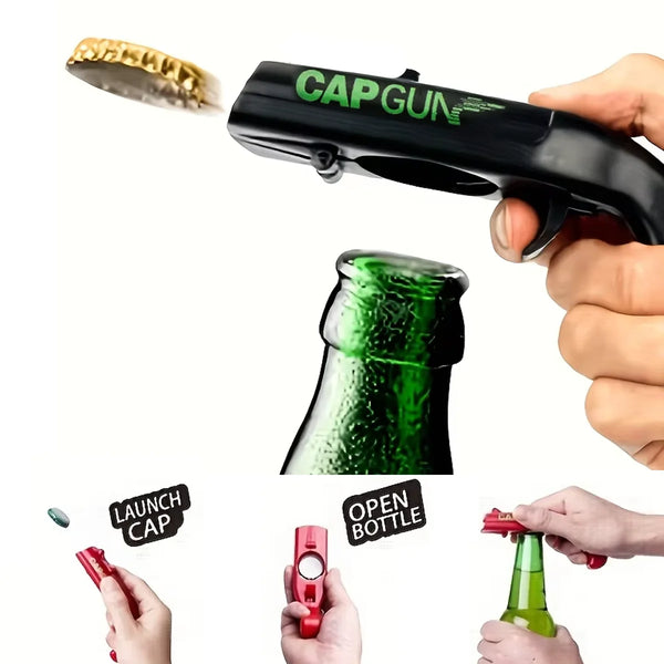 A hand holds a black cap gun tool next to a green glass bottle, demonstrating its use as an opener.
