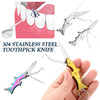 A collection of stainless steel toothpick knives and tools, including a fish-shaped knife, shown on a hand.