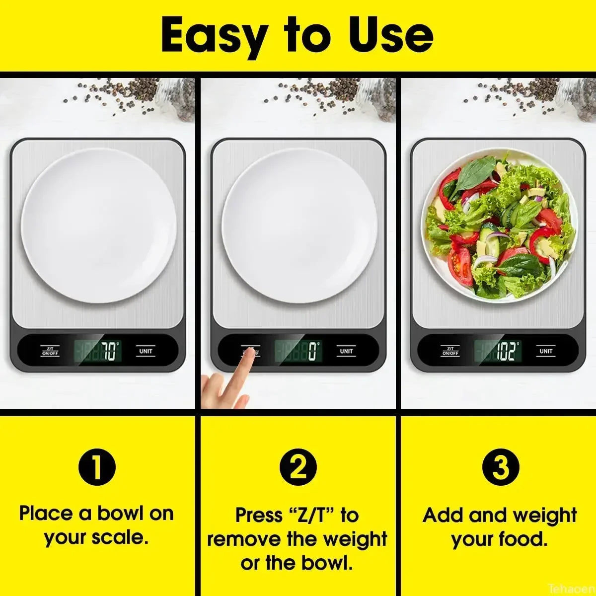 Instructions for using a precision digital kitchen scale to measure food.