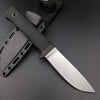 A black fixed blade outdoor knife with a silver blade and black handle is shown against a dark background.