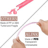 A hand is holding a pink translucent ALINK plastic straw, demonstrating its transparent and unbreakable nature.