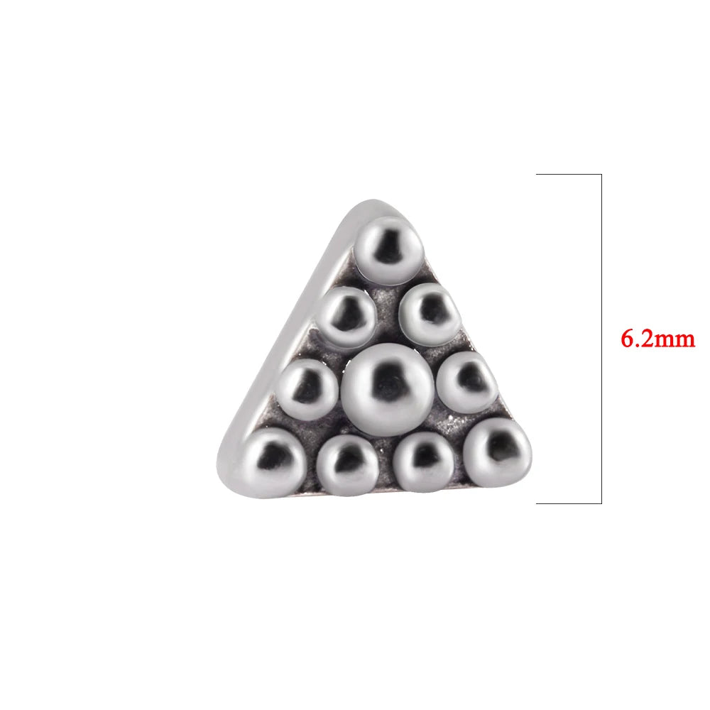Silver surgical steel dermal anchor body jewelry featuring a triangular shape with multiple spherical studs.