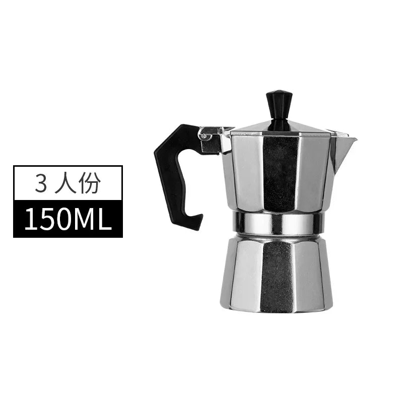 Silver Italian aluminum moka pot coffee maker with a black handle and top.
