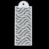 White plastic cake stencil featuring a swirling leaf pattern.