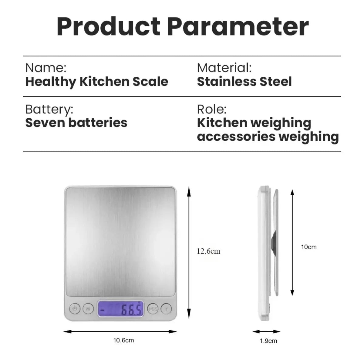 A silver digital kitchen scale with a display showing 665 grams and battery compartments.