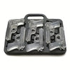 A black silicone ice cube mold tray holding multiple rose-shaped handgun molds.
