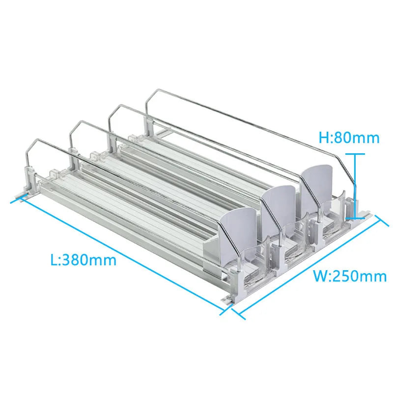 Silver spring-loaded organizer rack designed to hold cans and bottles in a refrigerator or pantry