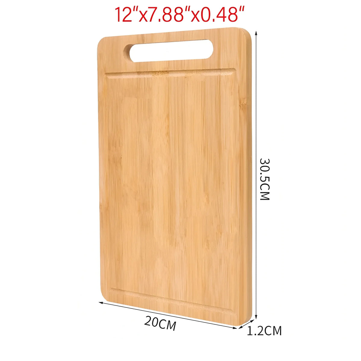A light wood bamboo cutting board with a handle, measuring 12x7.88x0.48 inches.