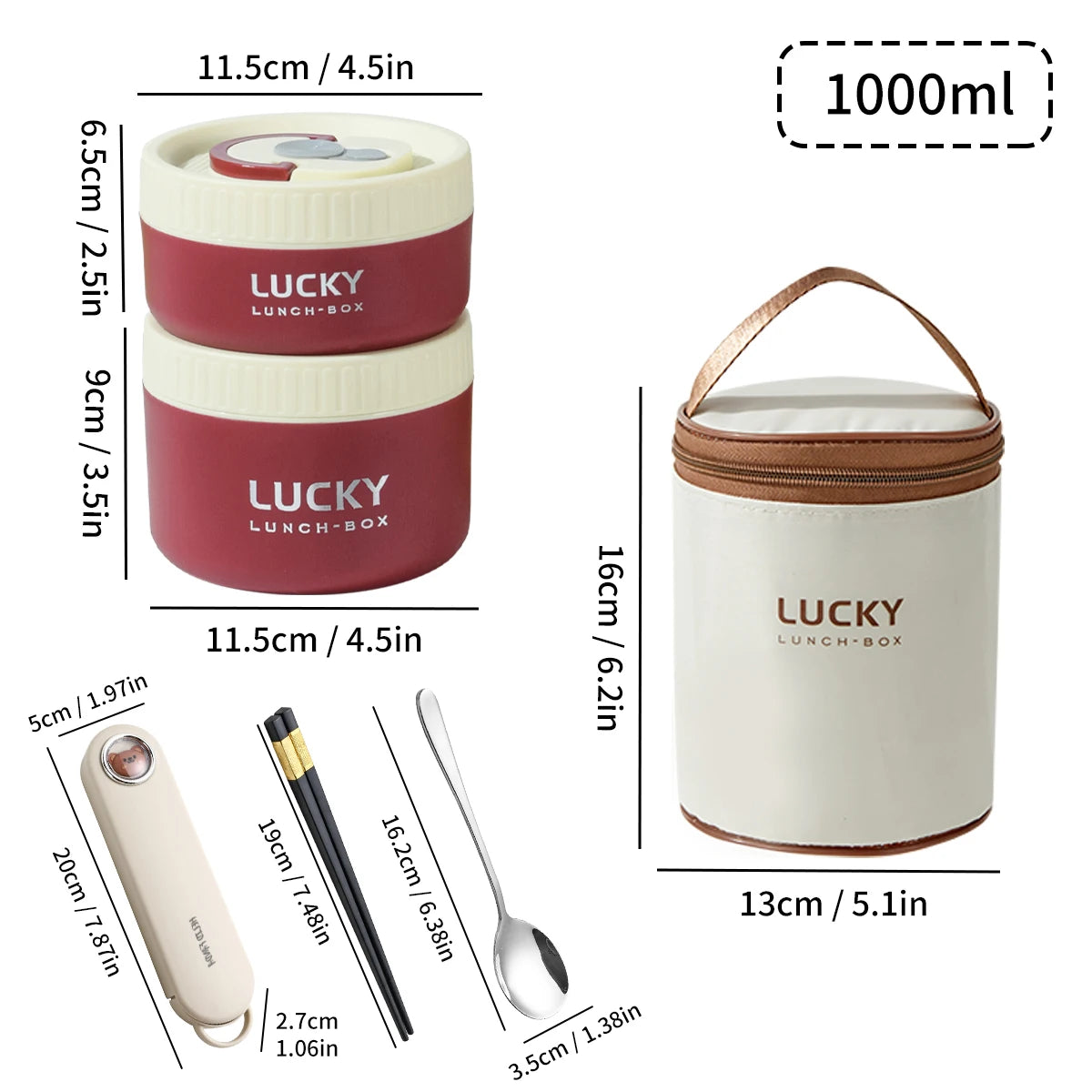 A set of portable stackable thermal lunch boxes in pink and cream colors with accompanying utensils.