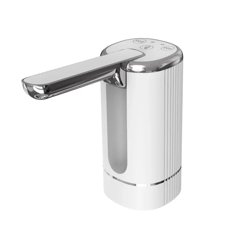 A silver and white portable electric bottle water pump with a handle.