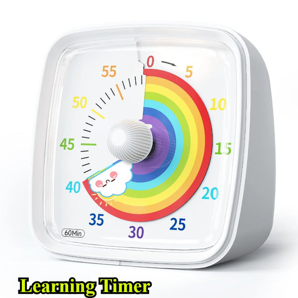 A white visual countdown timer with a rainbow-colored arc and markings for measuring time.