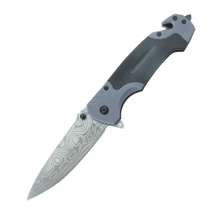 A gray heavy duty outdoor folding pocket knife with a textured handle and a silver blade.
