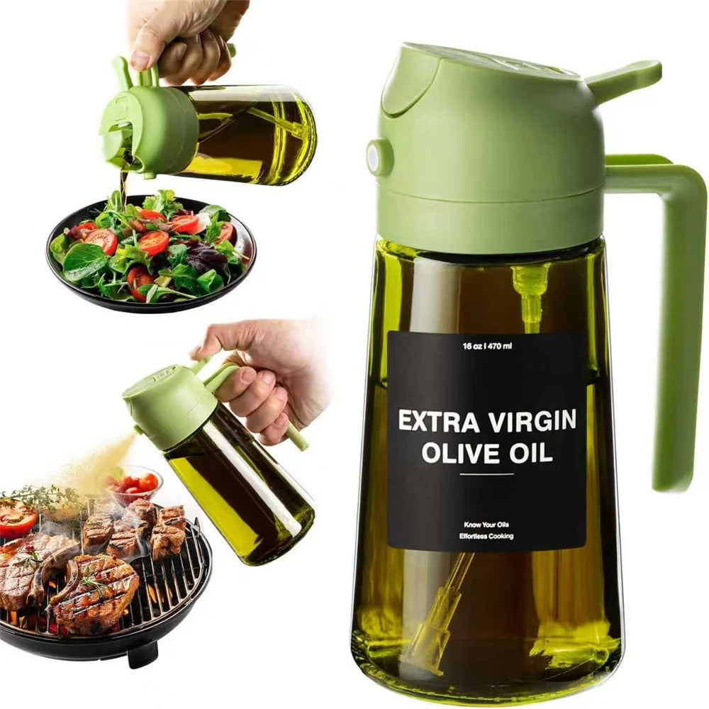 A glass oil sprayer bottle filled with olive oil is shown next to a hand pouring oil onto food.