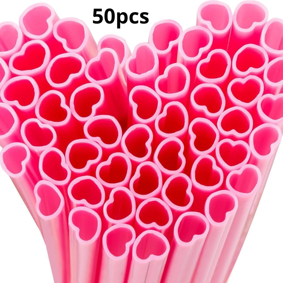 A bundle of 50 pink heart-shaped straws for romantic decor