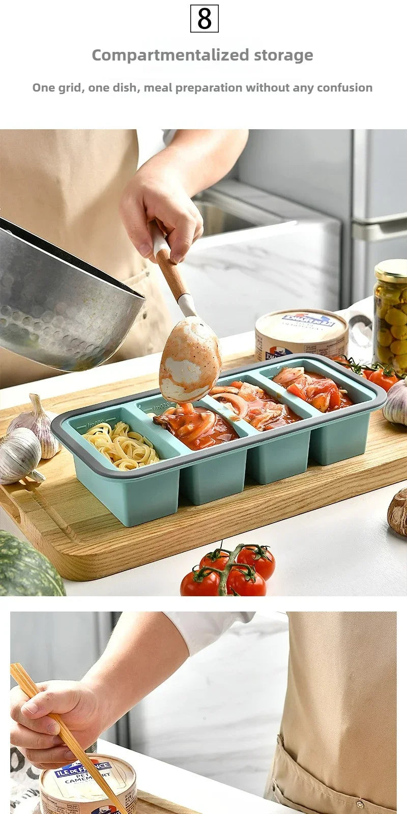 A person is using silicone food storage trays to organize and prepare food, showing a grid of ingredients on a wooden board.