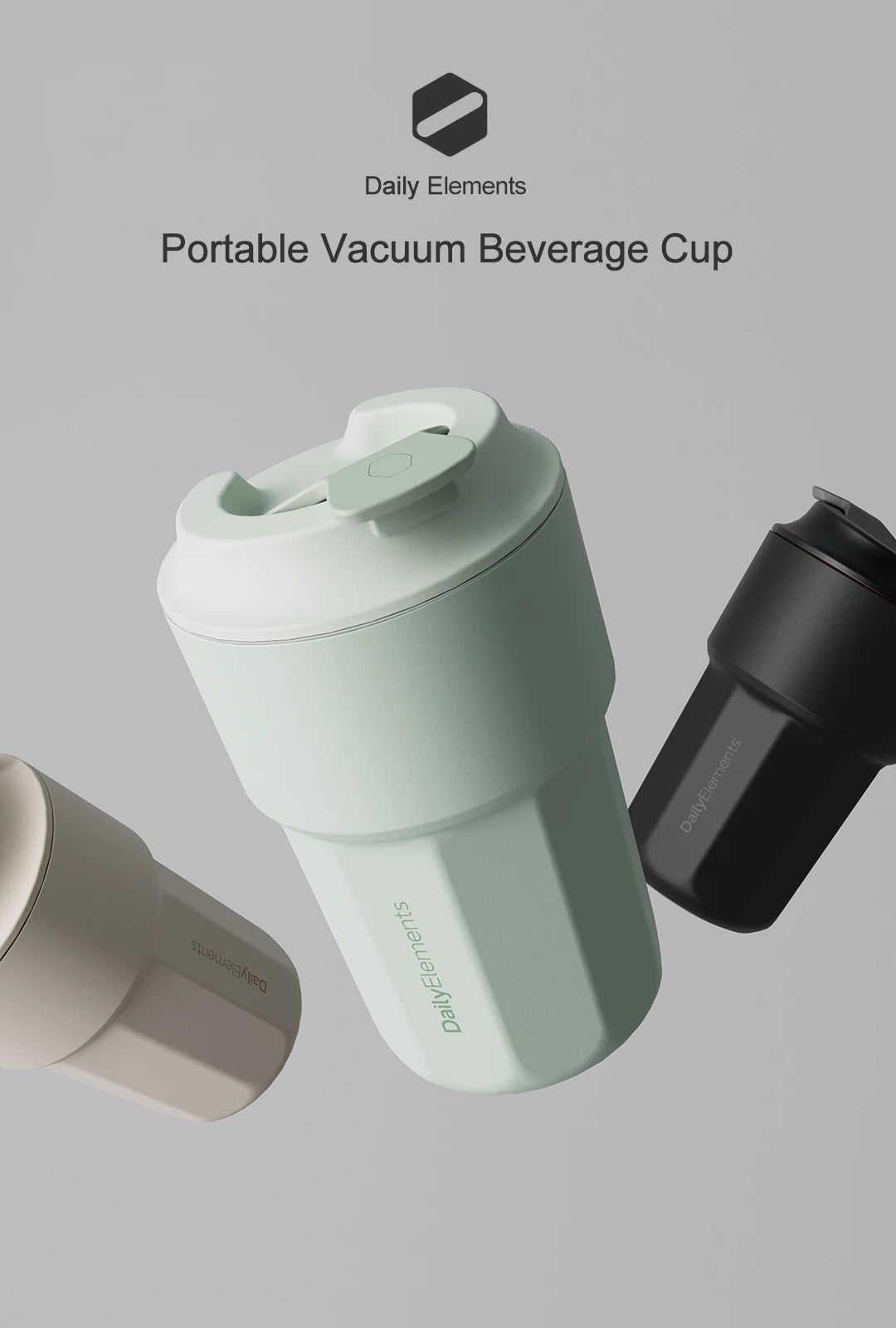 A portable vacuum beverage cup in light green and black is shown against a gray background.