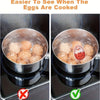 A comparison showing eggs cooked with a color-changing boiled egg timer, demonstrating easier visibility when eggs are cooked