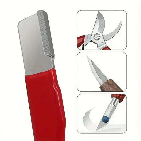 Rotes Keramik-Messerschärfer mit silberner Klinge und Holzgriff, in drei Ansichten.