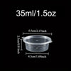 A clear plastic disposable sauce cup with volume markings and dimensions shown against a black background.