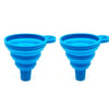A pair of bright blue silicone collapsible funnels with a spout and a narrow base.