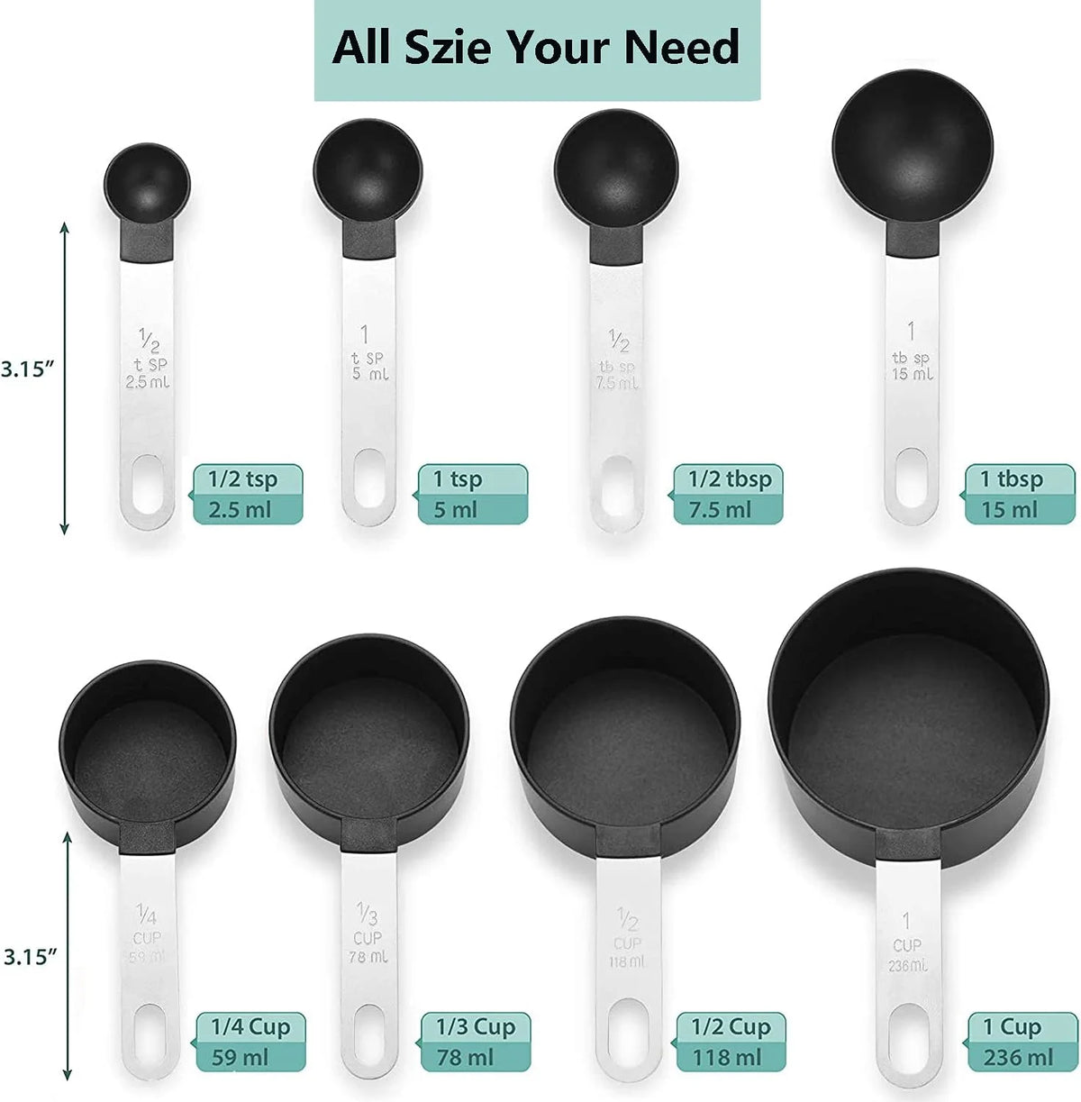A set of precision stainless steel measuring spoons and cups in black and white for various liquid measurements.