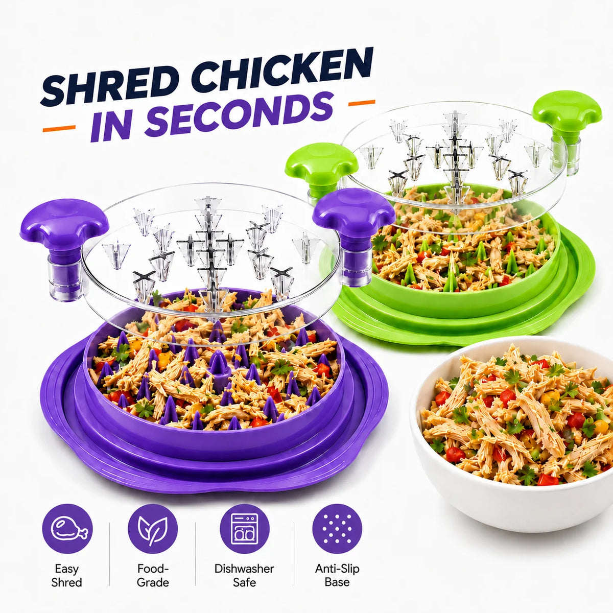A manual chicken meat shredder with a transparent lid and purple base is shown alongside shredded chicken.