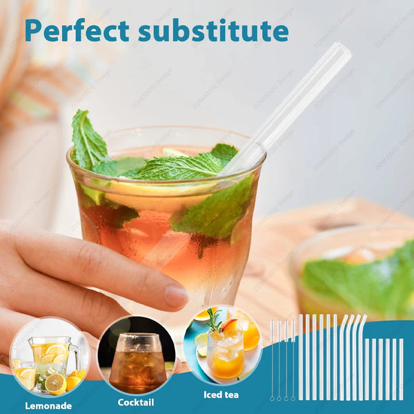 A hand holds a glass of iced tea with mint leaves and a straw, next to other beverages like lemonade and cocktails.