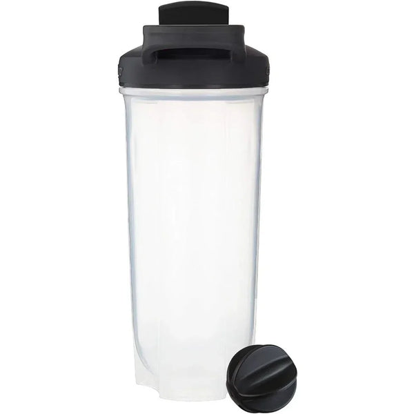 Klarer Plastik-Protein-Shakerflasche mit schwarzem Deckel und schwarzem Mixer-Verquirler.