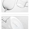 A set of clear borosilicate glass tea cups and a glass teapot shown in various angles.