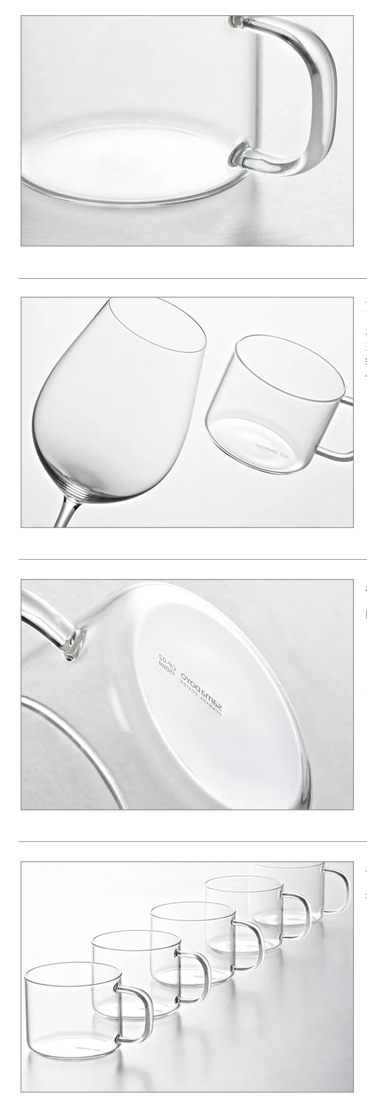 A set of clear borosilicate glass tea cups and a glass teapot shown in various angles.