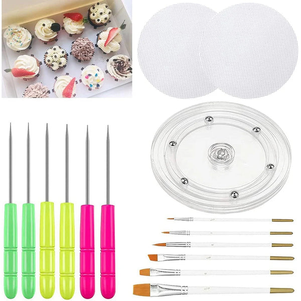 A set of cookie decorating tools including a rotating turntable and various icing tools like spatulas and knives.