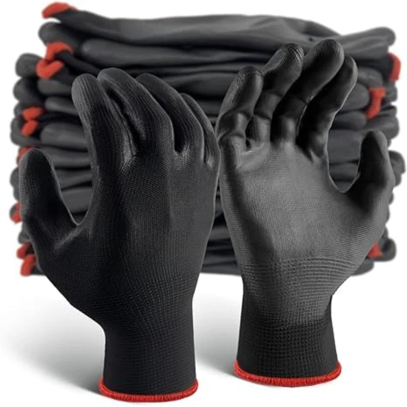 A stack of black durable anti-slip PU coated gloves with red trim.
